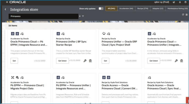 OIC Integration Store showing Primavera Prebuilt Recipes and Accelerators Oracle Integration Cloud Primavera Prebuilt Recipes and Accelerators in Integration Store