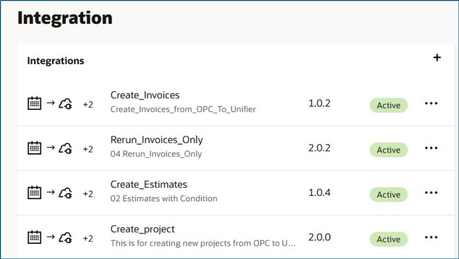 Oracle OIC Active Integration List for Primavera Unifier OPC including Create Invoices Estimates and Projects OIC Primavera Unifier OPC Active Integrations showing Create Invoices Estimates and Projects